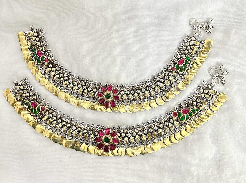 jadau stone silver payal